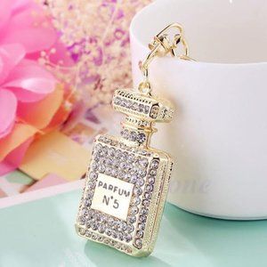 New Designer Perfume Bottle Rhinestone Clear Keychain, Crystal & Gold Key Chain